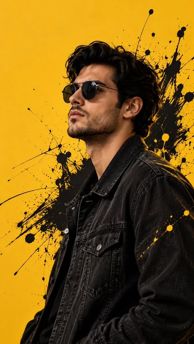 Man In Black Denim Jacket Poses Against Mustard Yellow Backdrop