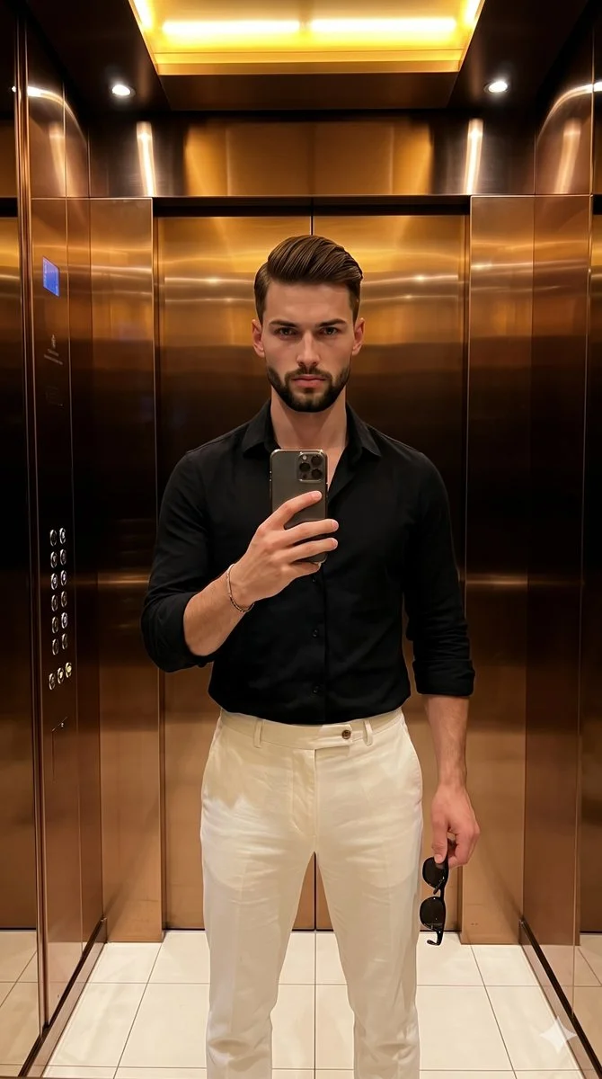 Man in black shirt poses in elevator with smartphone and sunglasses.