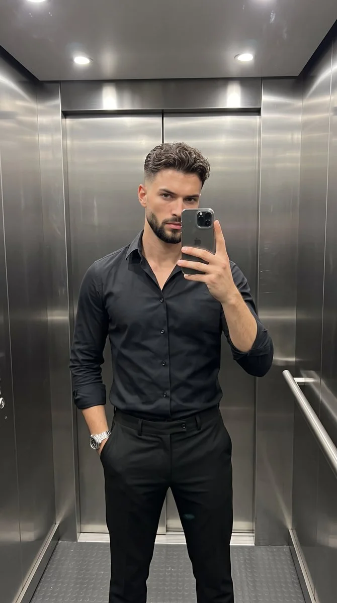 Man in black shirt takes mirror selfie inside sleek elevator