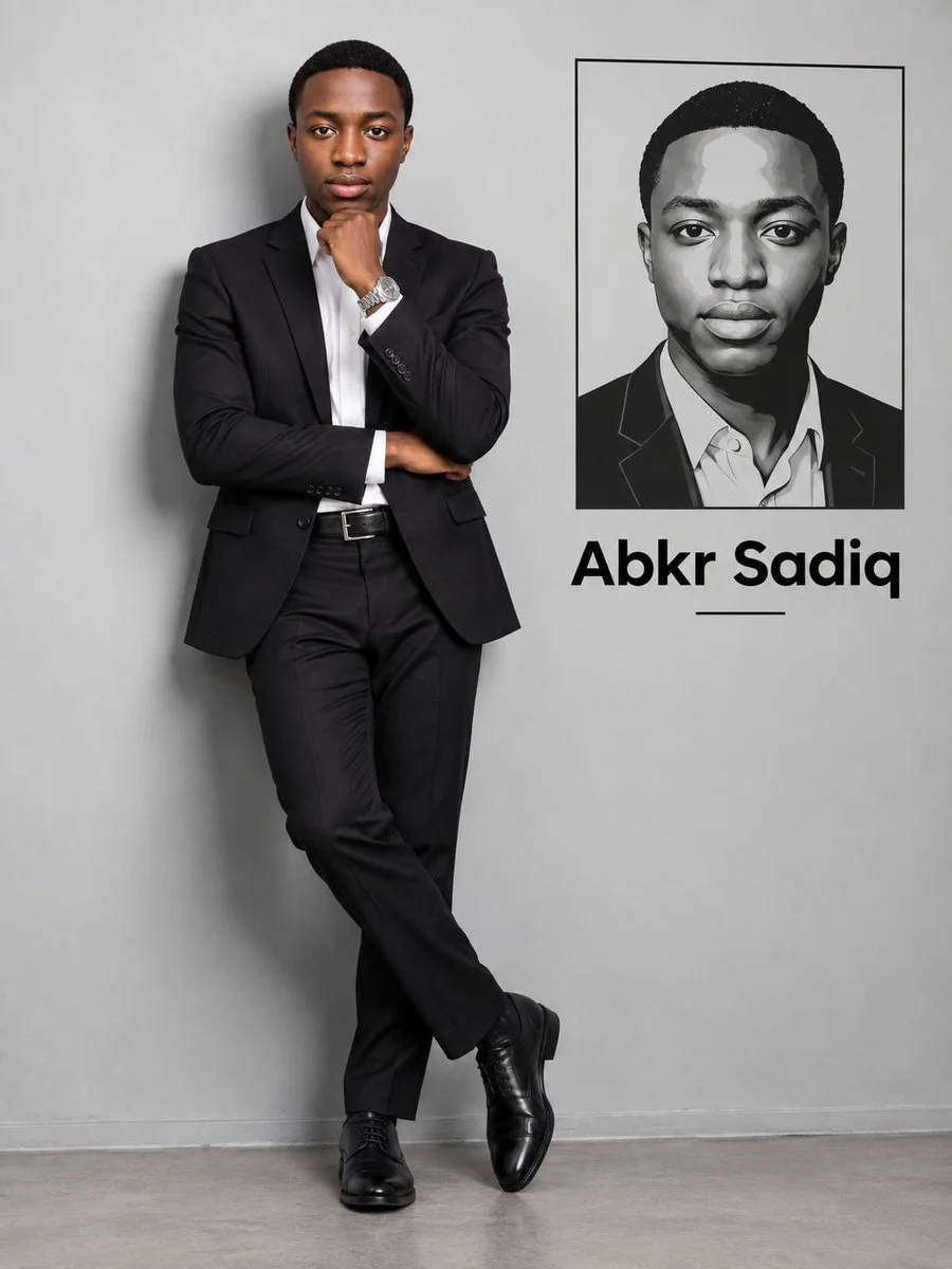 Man in Black Suit Poses Against Gray Studio Wall