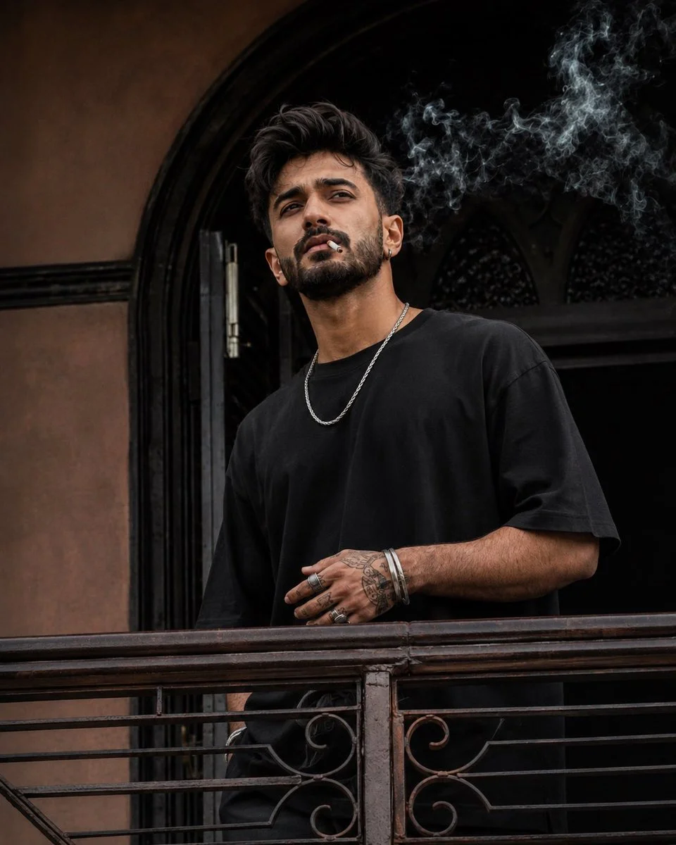 Man in black tee stands on old balcony with cigarette smoke