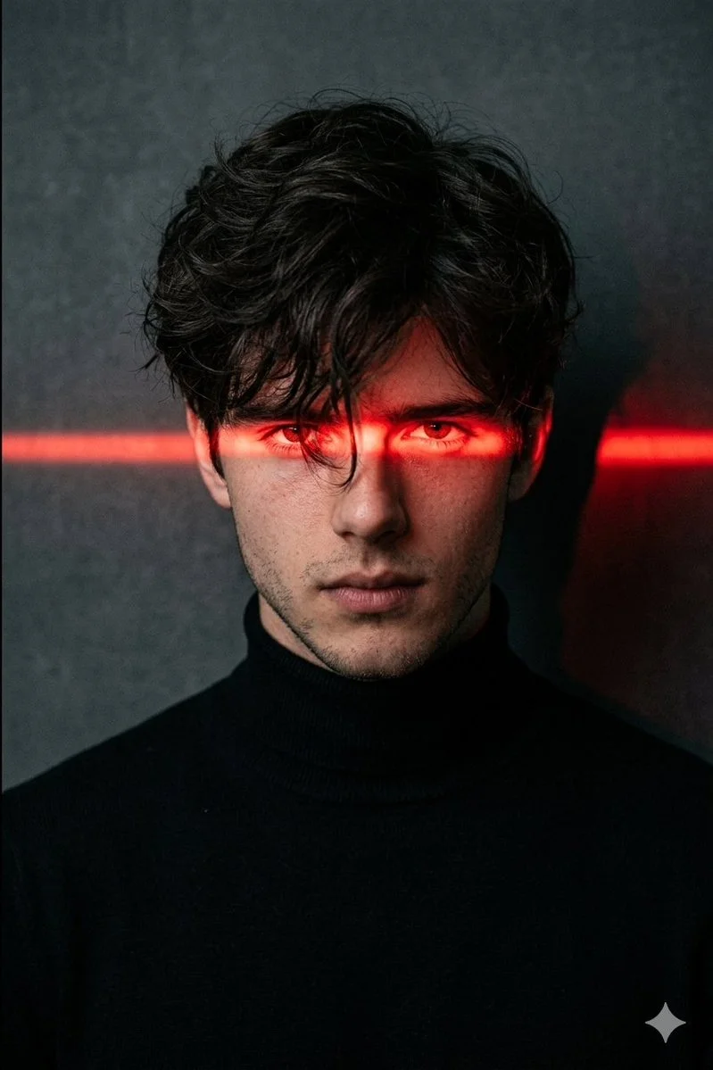 Man in black turtleneck stares intensely through red-lit shadows