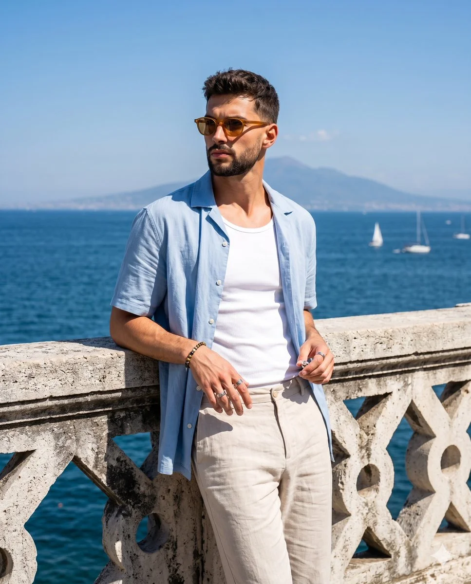 Man in blue shirt leans on stone balustrade overlooking sea