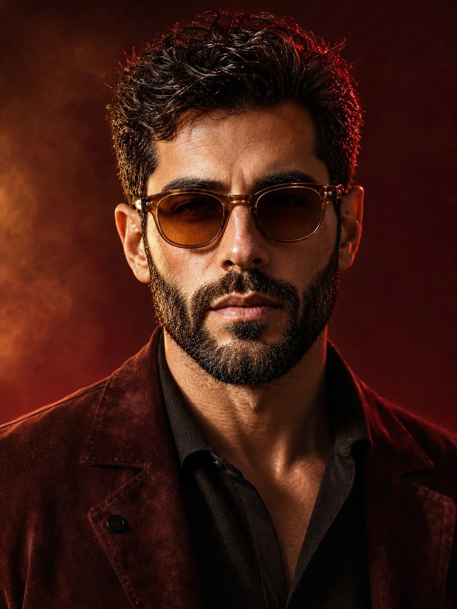 Man in burgundy jacket with amber sunglasses in studio light