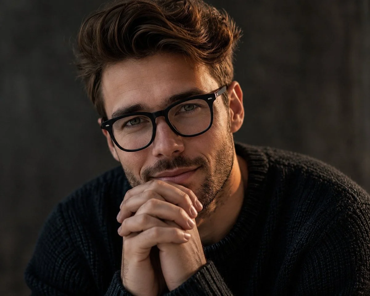 Man in dark knit gazes intently with interlaced fingers