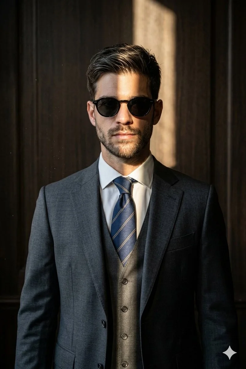 Man in dark suit stands in sunbeam before wood paneling