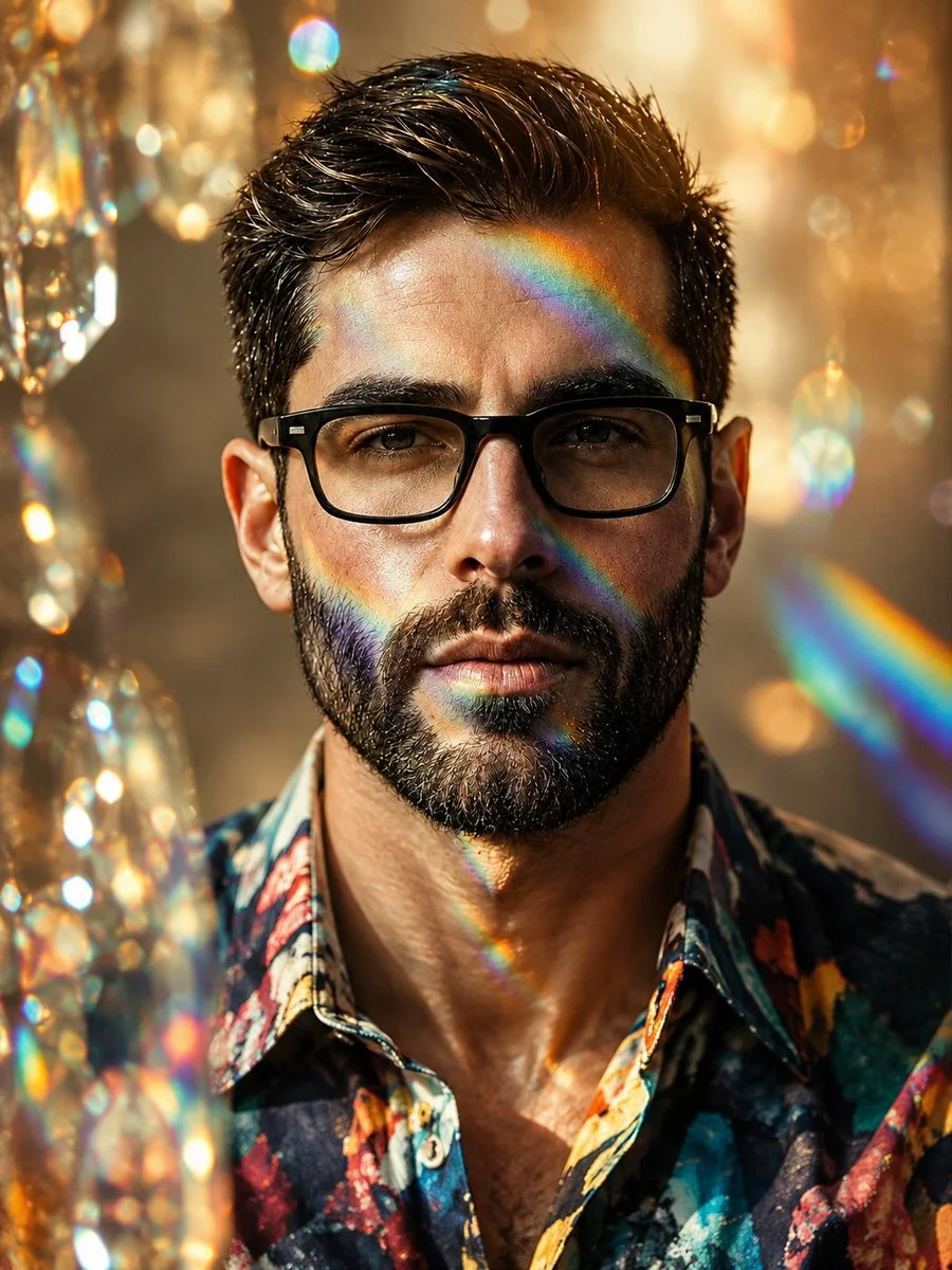 Man in floral shirt with prismatic rainbow light and golden-hour glow