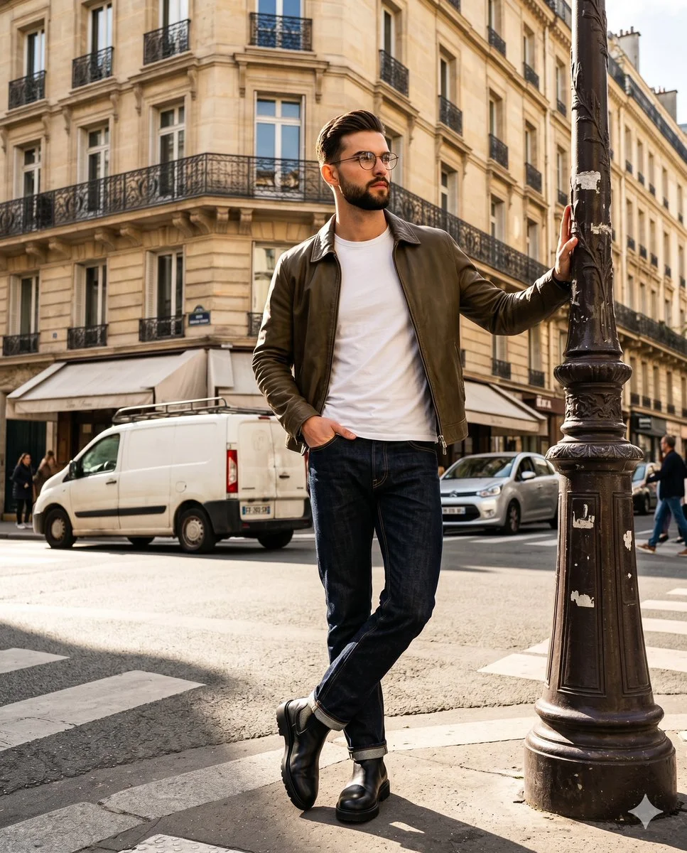 Man in leather jacket leans on lamppost in Paris street