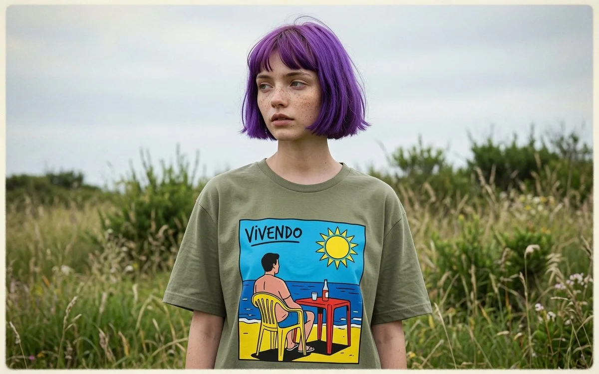 Man in olive tee stands in meadow wearing Vivendo graphic