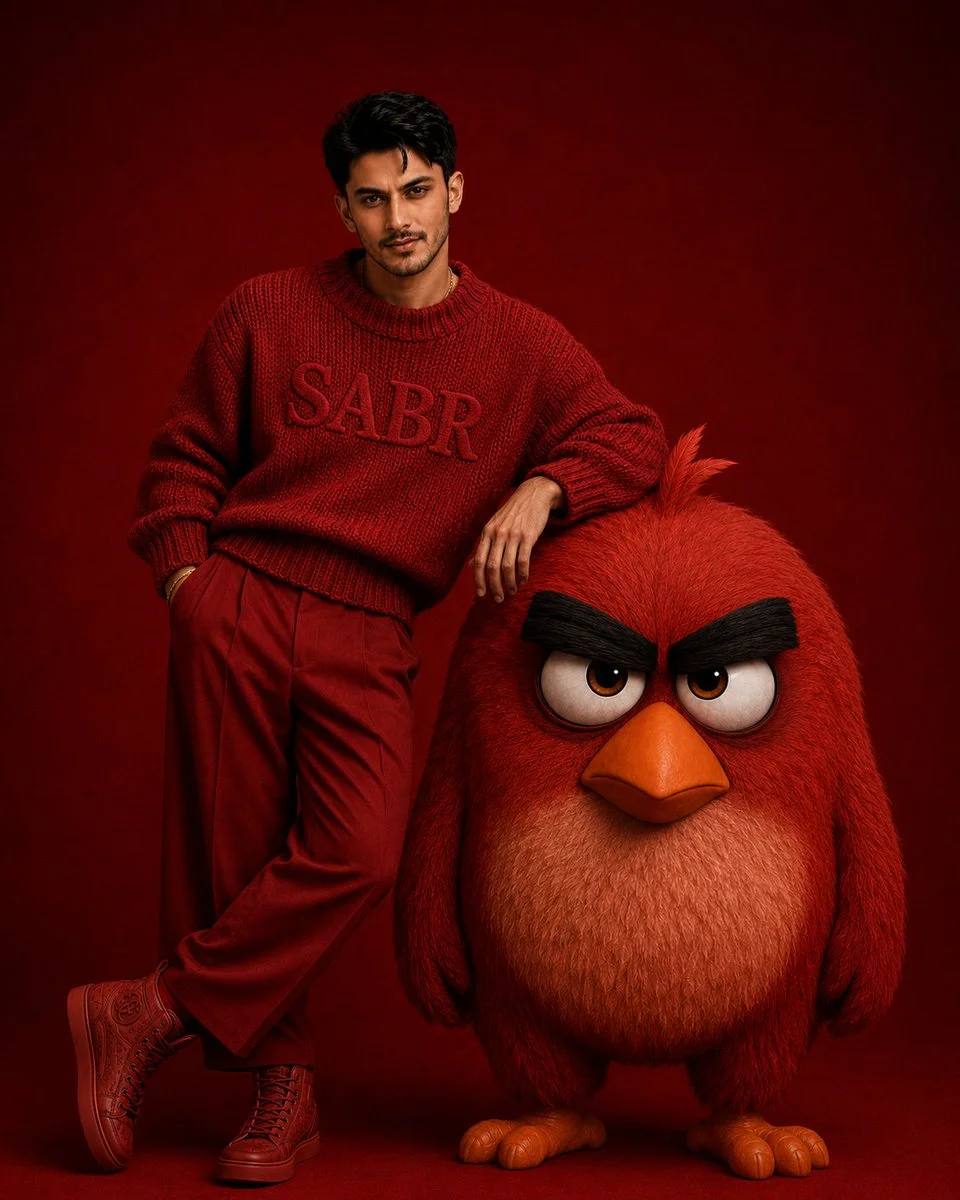 Man in red designer outfit leans on Angry Bird in studio