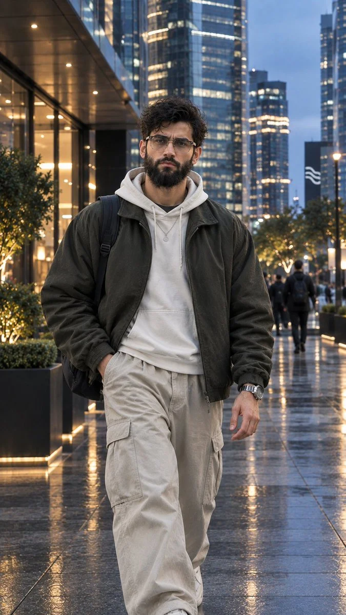 Man in Street Fashion Walks Downtown at Blue Hour Cinematic