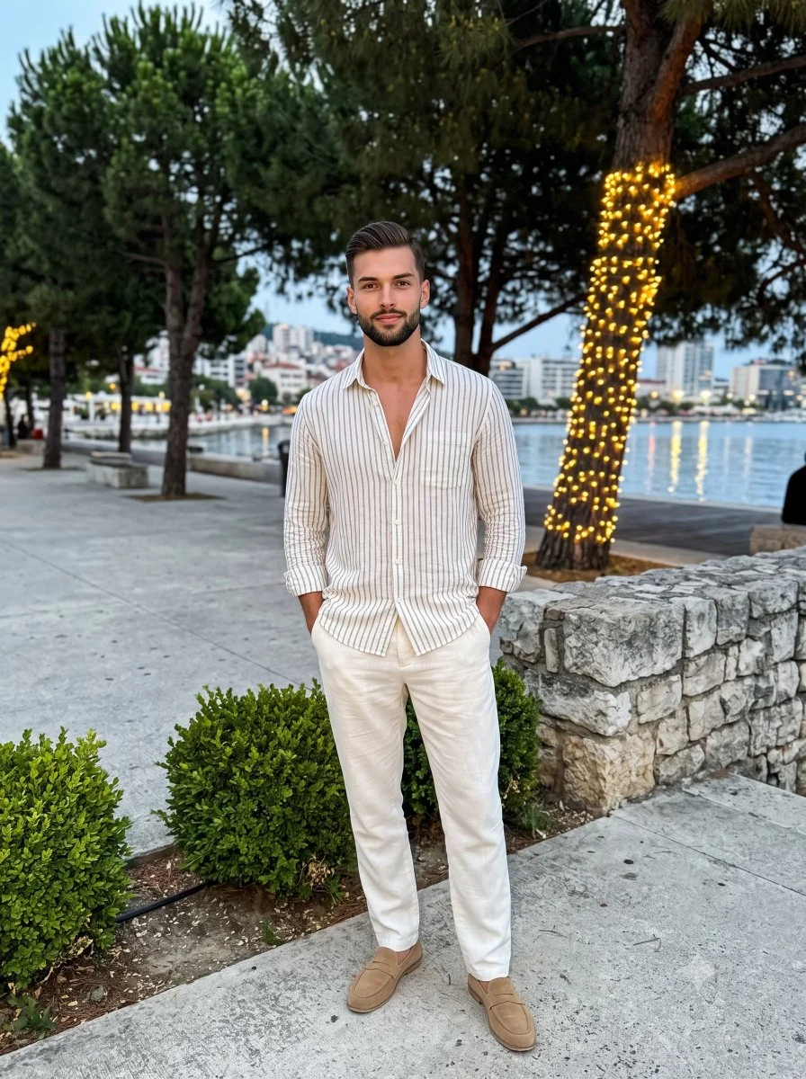 Man in striped shirt stands confidently on evening promenade