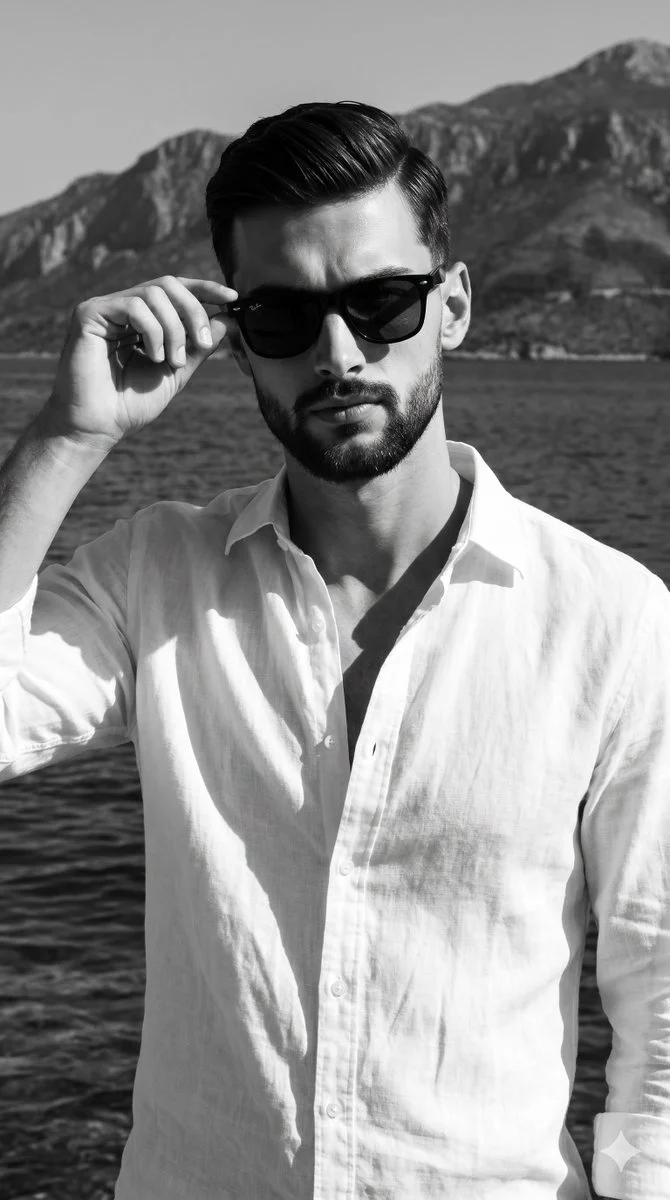 Man in white linen shirt adjusts sunglasses by rocky coast