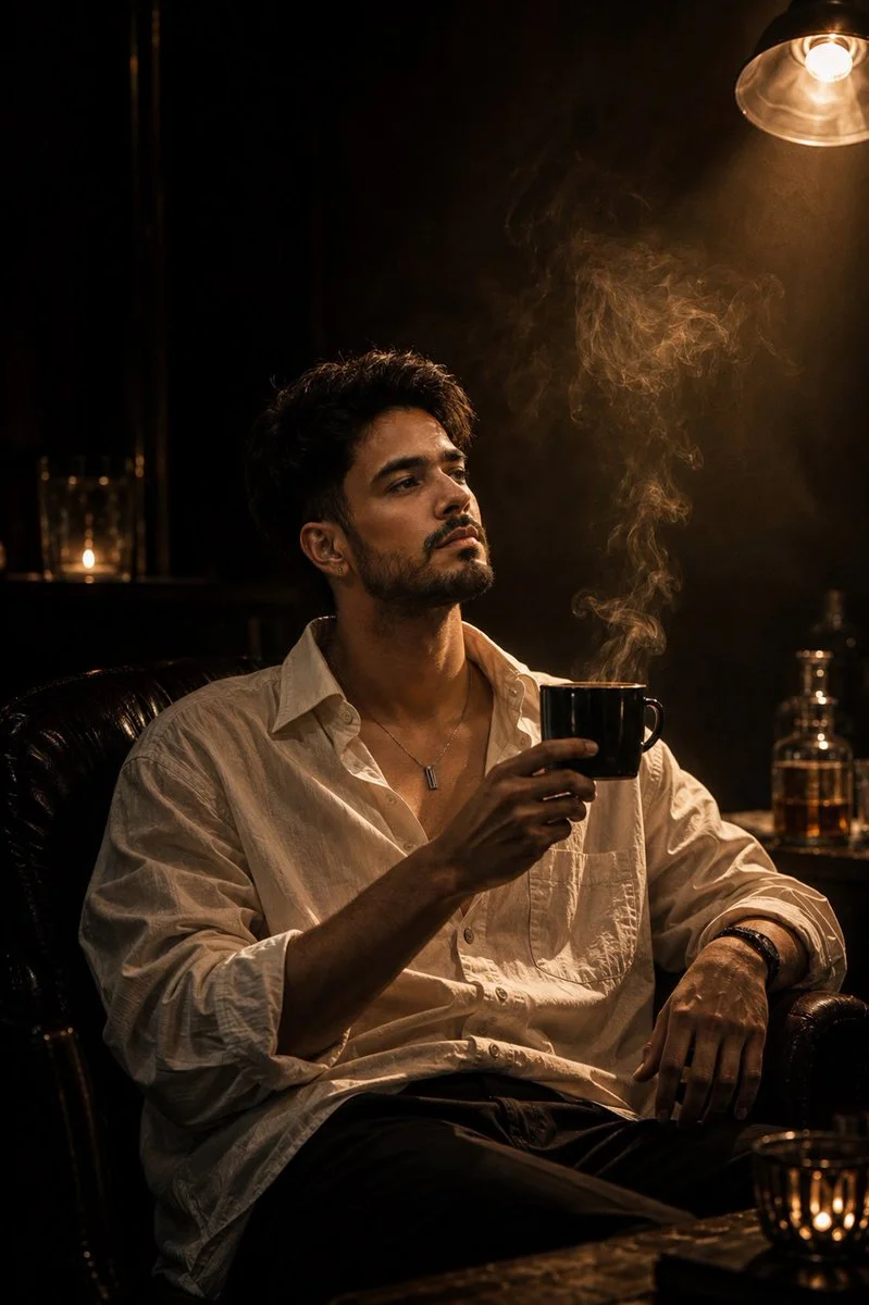 Man in white linen shirt enjoys coffee under warm lamp