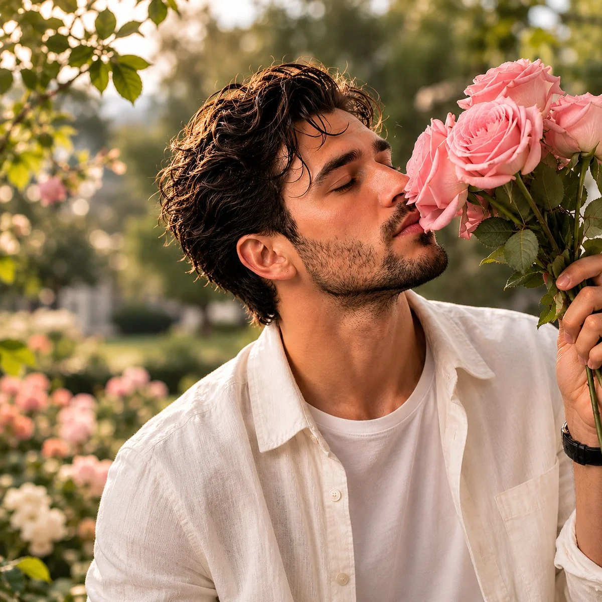 Man in white linen shirt inhales rose fragrance at golden hour