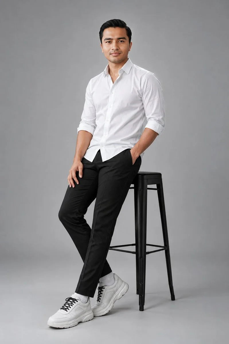Man in white shirt leans casually against metal stool in studio