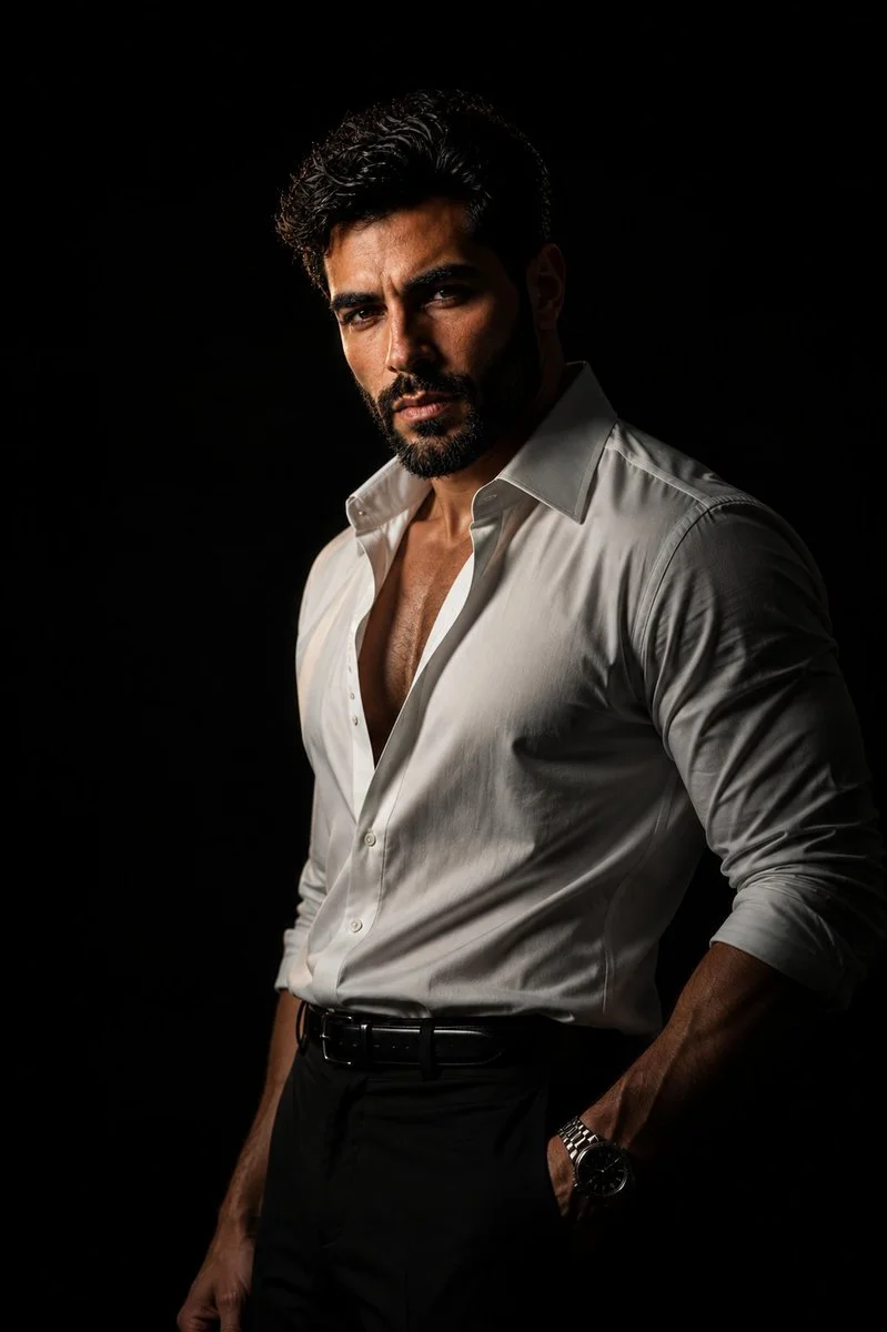 Man in white shirt under dramatic low-key studio lighting