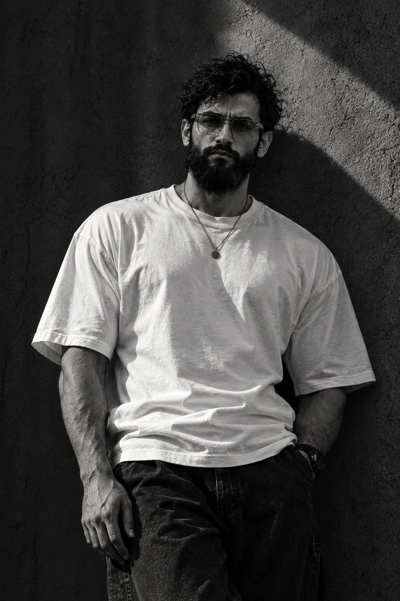 Man Leaning Against Concrete Wall in Monochrome Portrait