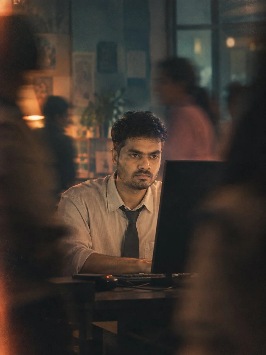 Man Lost in Work While Blurred Figures Pass By