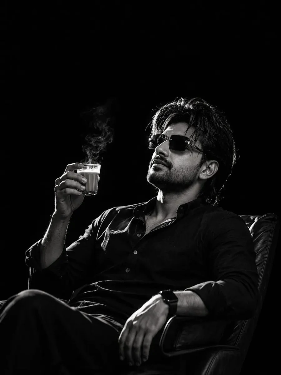 Man reclines in chair sipping steaming chai through dark shades