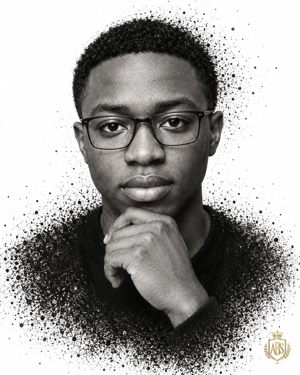Man's face dissolves into ink particles in monochrome portrait