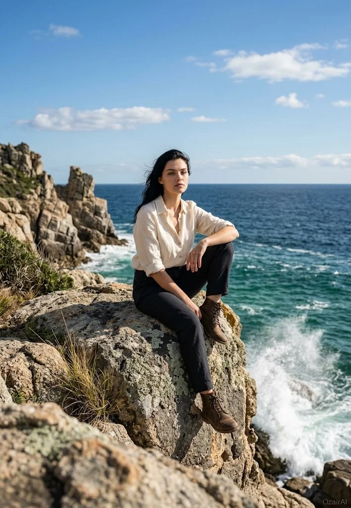 Man sits on coastal rock in linen shirt gazing at ocean