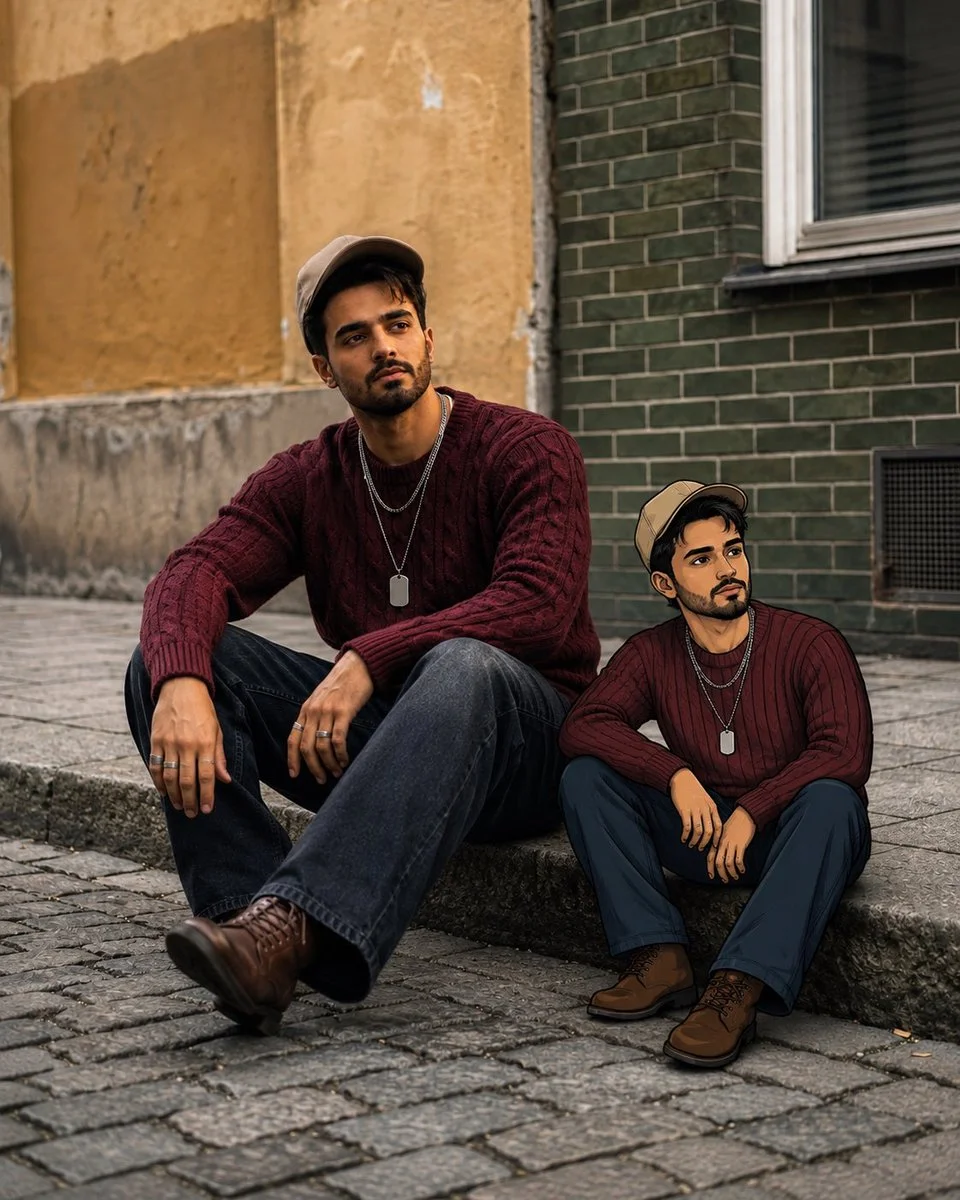 Man sits on cobblestone curb beside his cartoon twin