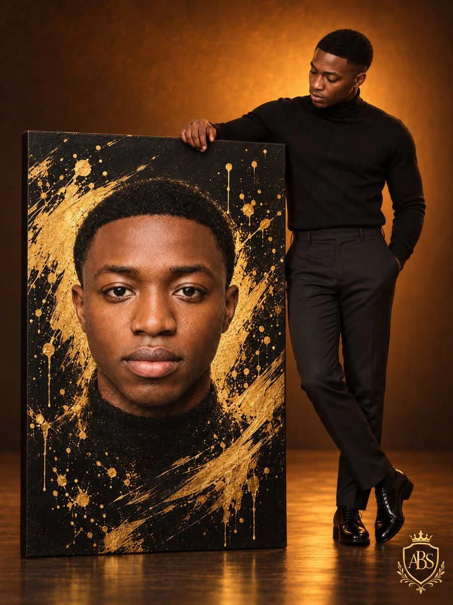 Man stands beside black canvas with gold splashes in warm studio light