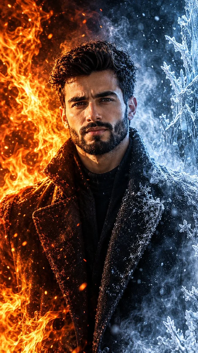 Man stands between blazing fire and freezing ice in cinematic portrait