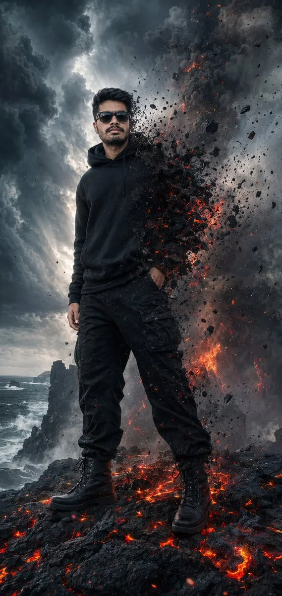 Man stands unbroken as volcanic storm rages behind him
