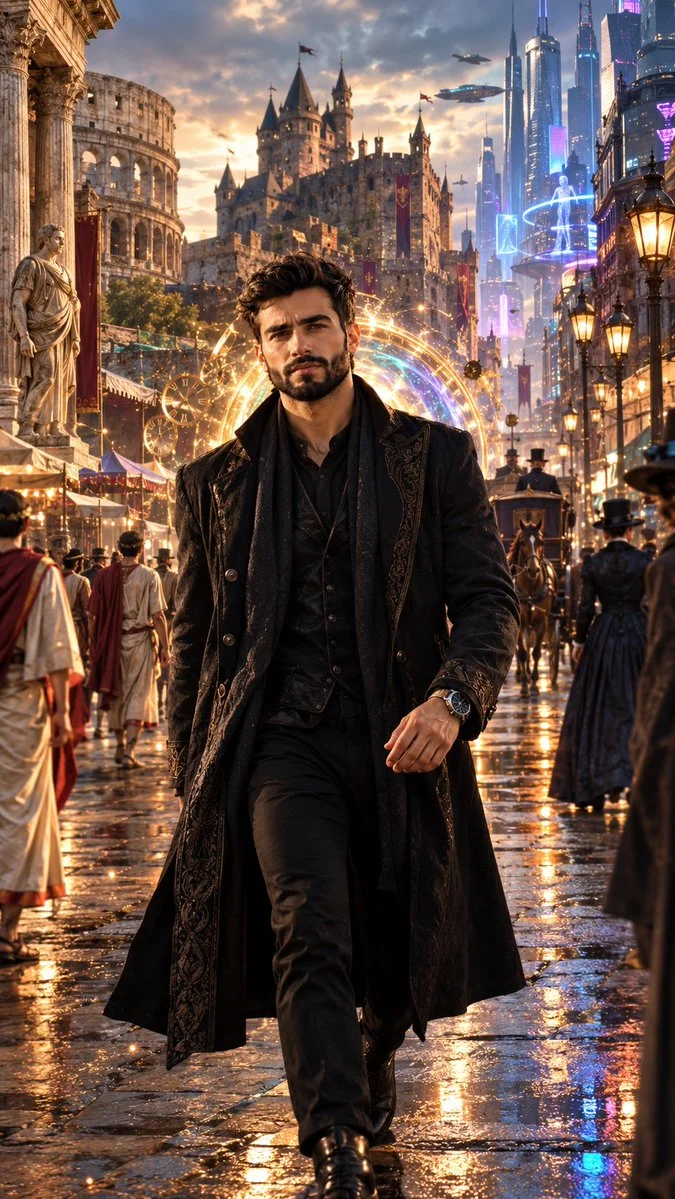 Man Walks Through Overlapping Historical Eras in Surreal City