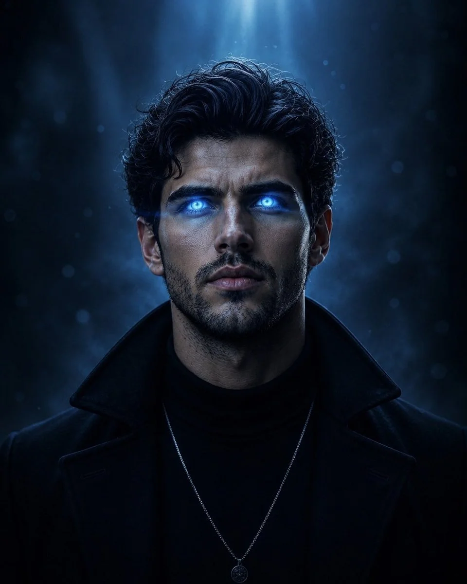 Man with glowing blue eyes in dark cinematic portrait