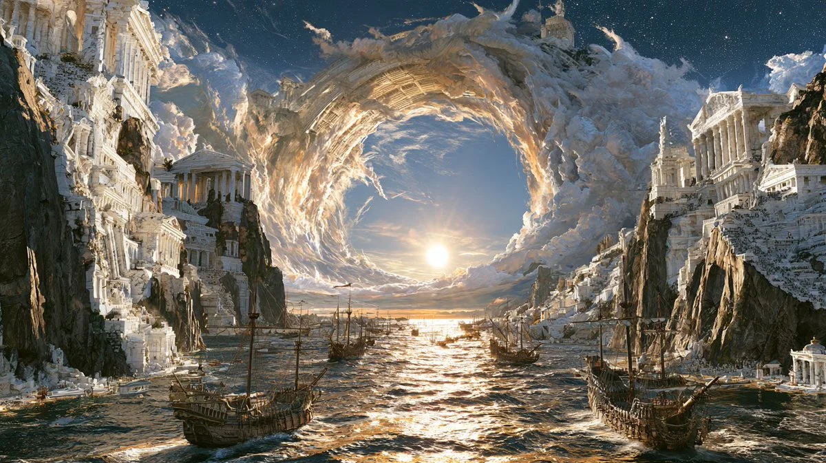 Marble city clings to cliffs above a shimmering golden bay