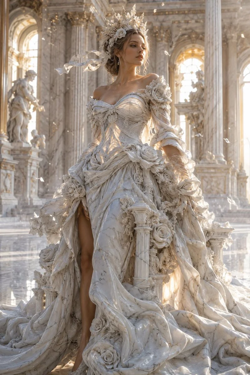 Marble gown flows like liquid stone around a regal woman