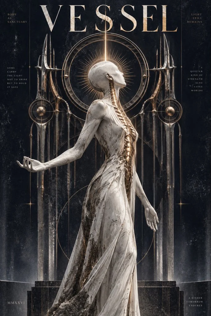 Marble Saint Rises Within a Biomechanical Vessel of Golden Light