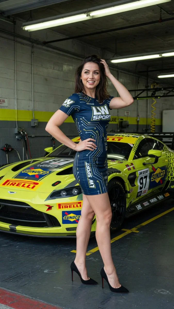 Margot Robbie leans against a race car in a glamorous pit bay