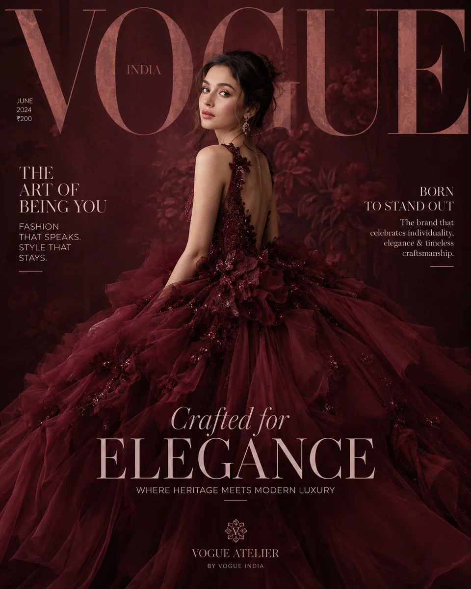 Maroon voluminous gown captivates on elegant fashion magazine cover