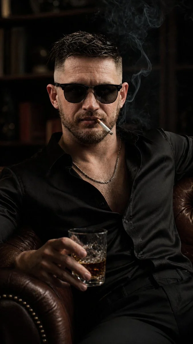 Masculine Confidence in Dimly Lit Lounge
