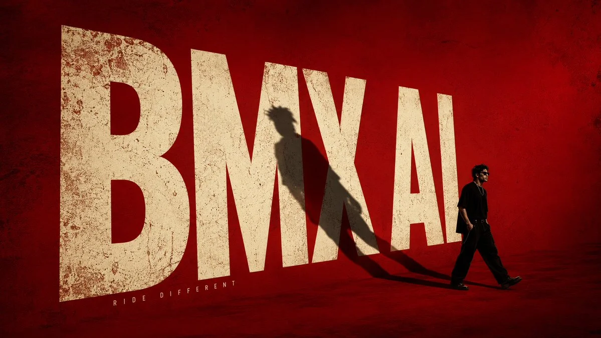Massive off-white BMX AI text dominates a grunge red background