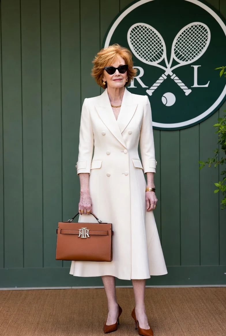 Mature fashion model in cat-eye sunglasses stands by tennis logo