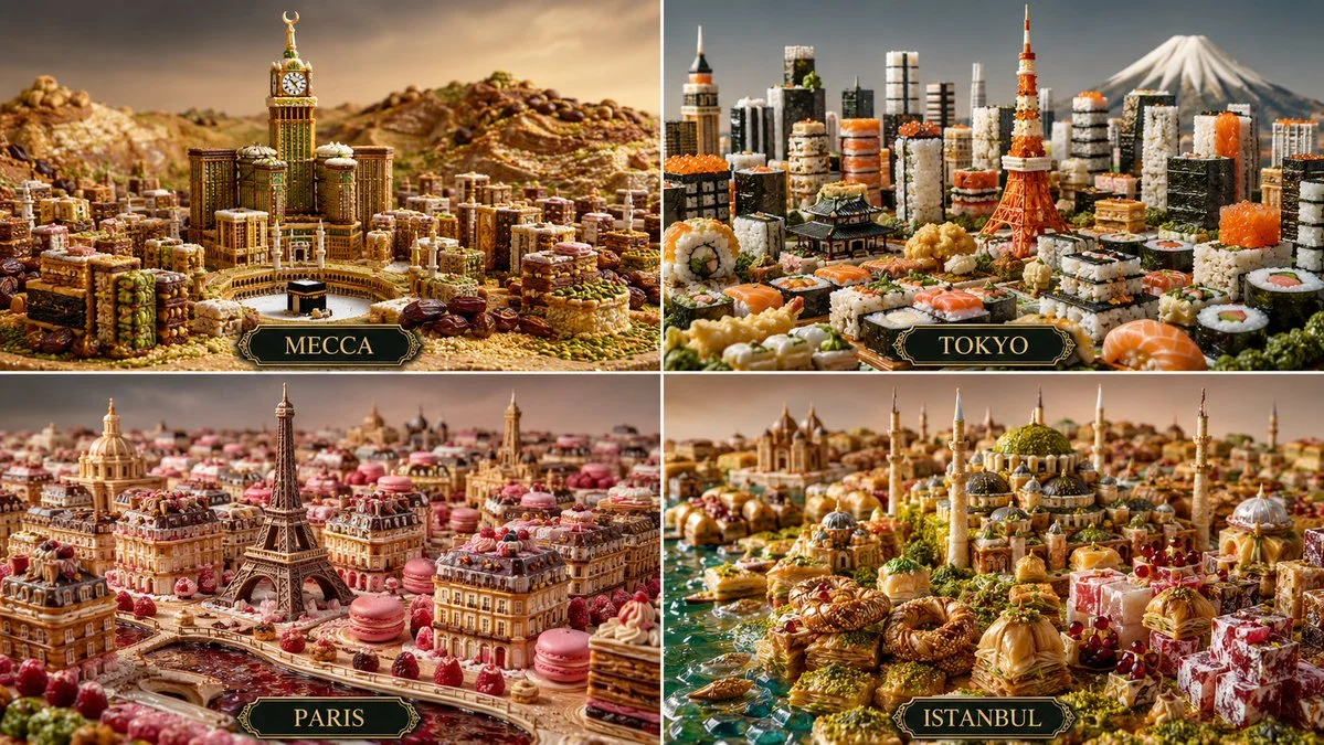 Mecca's Kaaba recreated in savory dates and golden bread