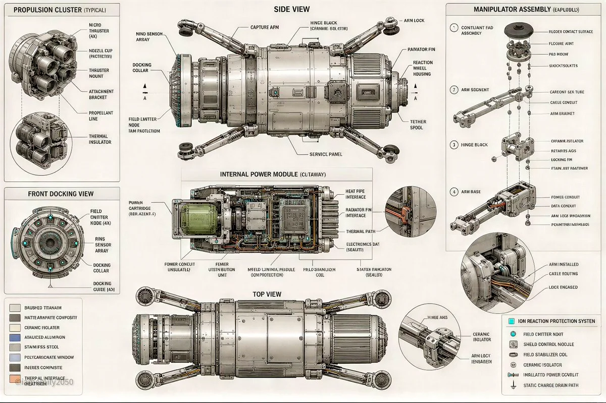 Mechanical blueprint shows ion protection system with labeled assemblies