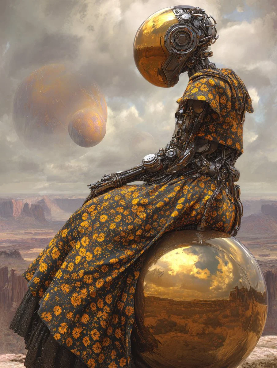 Mechanical figure in floral robe contemplates the vast desert landscape.