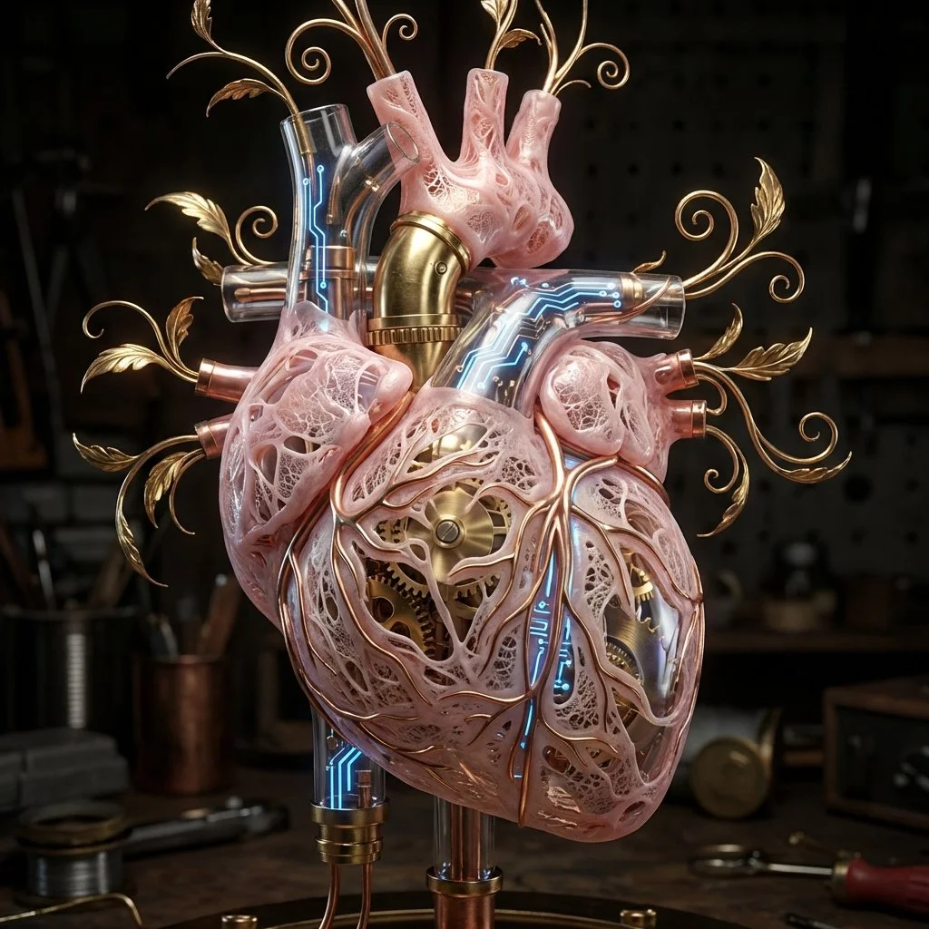 Mechanical Heart with Art Nouveau Gold Leaves and Cyberpunk Blue Circuits