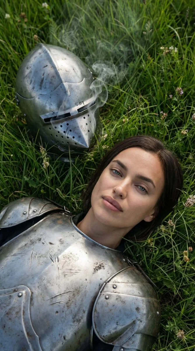 Medieval Knight Resting in Lush Meadow with Smoldering Helmet