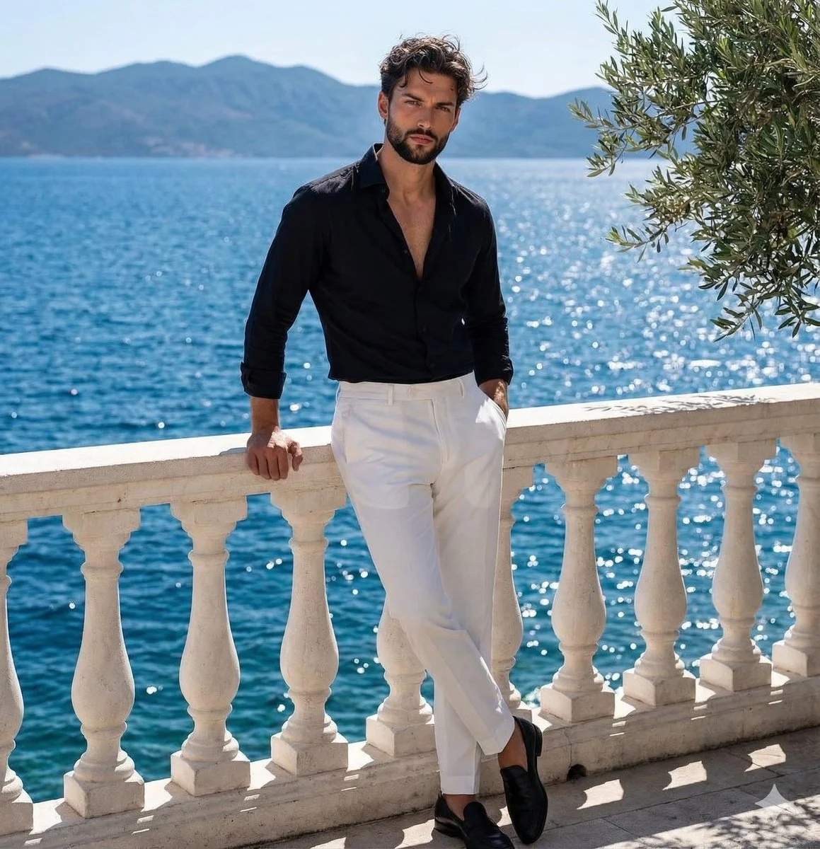 Mediterranean Elegance: Sharp Portrait with Dramatic Sunlit Contrast