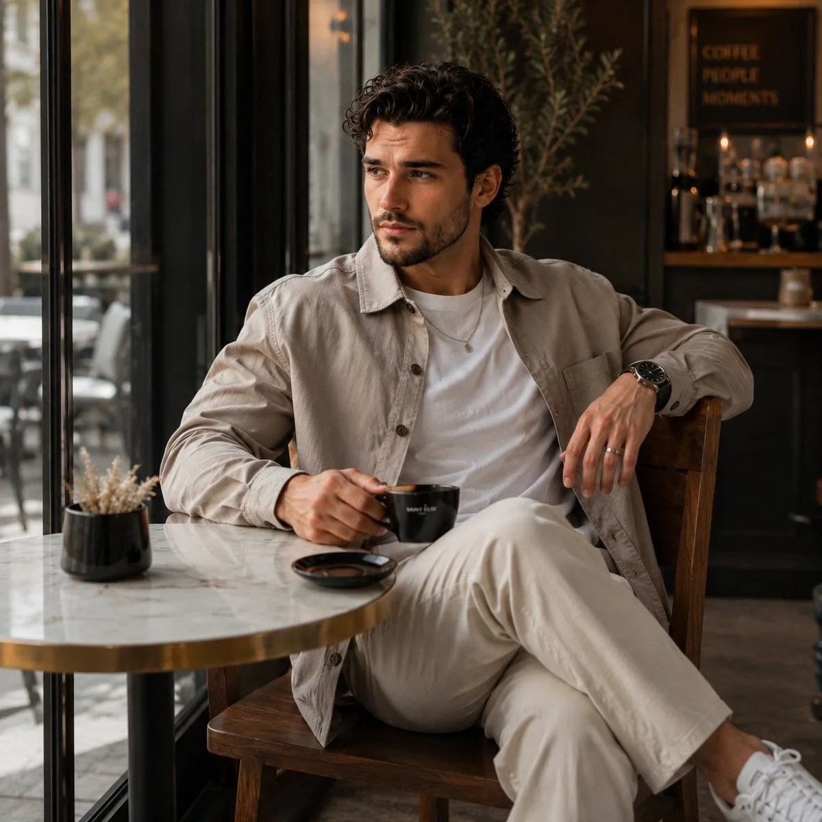 Mediterranean man in beige overshirt sips espresso at marble table