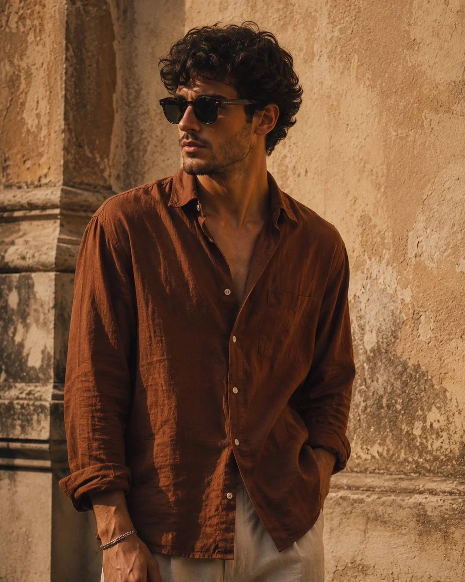 Mediterranean man leans against rustic wall in golden sunlight