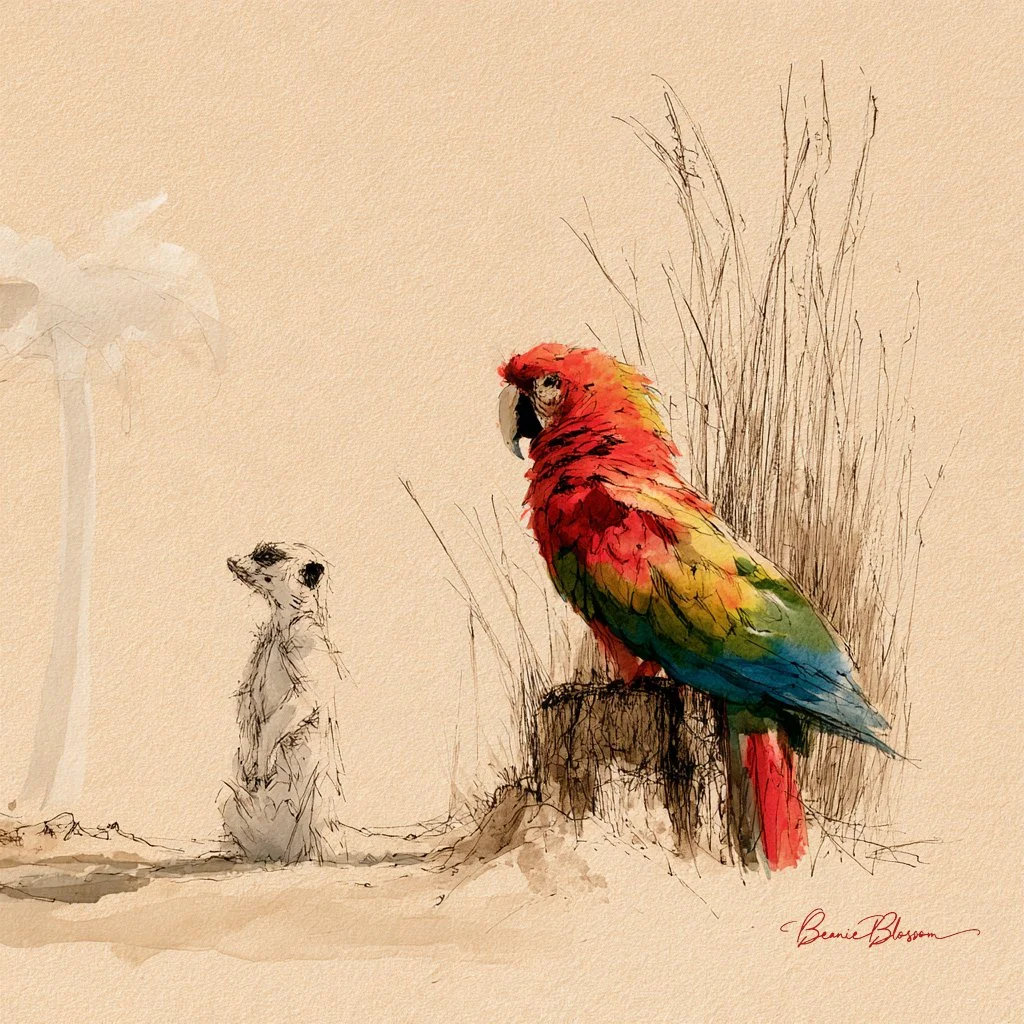 Meerkat and Macaw Stand Together in Ink and Wash Drawing
