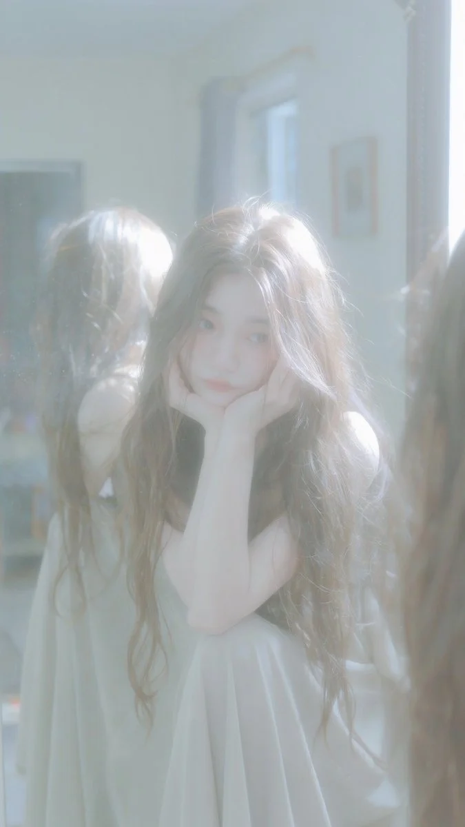 Melancholic Beauty in Soft Sunlight with Dreamy Film Texture